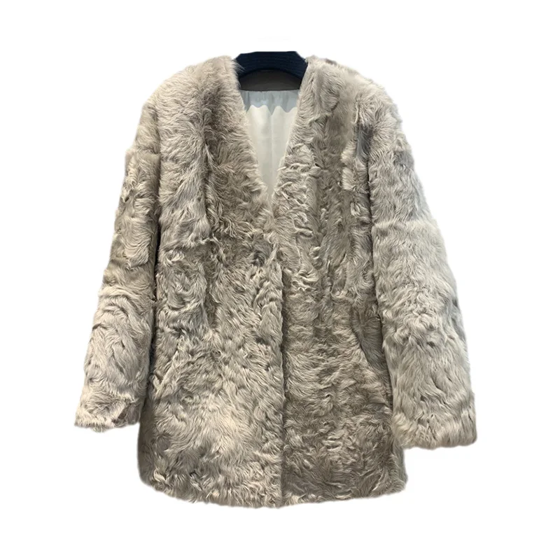 High Quality Women’s Real Sheep Fur Coats V Neck Lamb Fur Jacket Mid