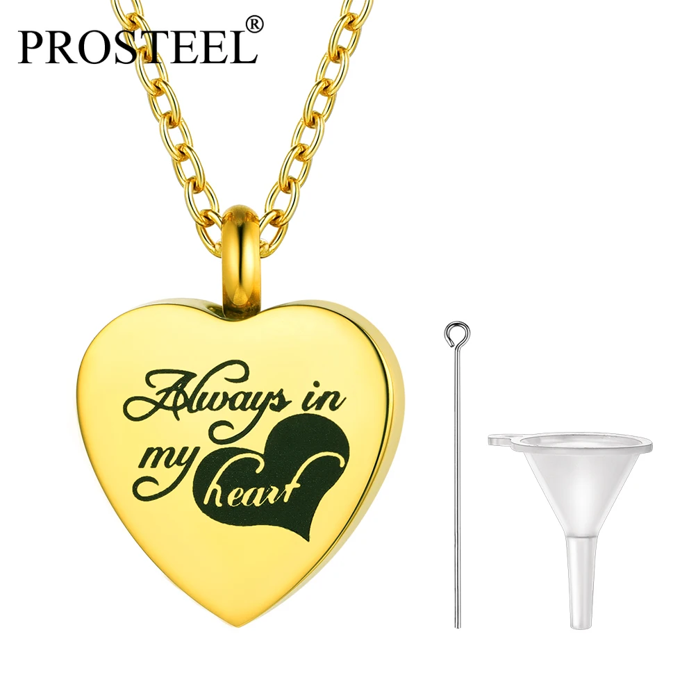 

PROSTEEL Always in My Heart Ashes Urn Pendant Women Memorial Link Chain Gold/Stainless Steel Hair Perfume Locket Waterproof