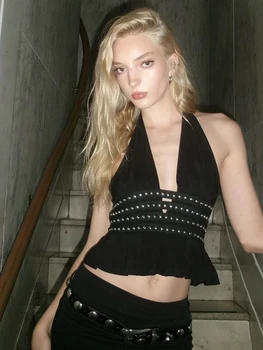Nibber Rivetto Decorazione Gilet Donna Halter scollo a V Ruffles Backless Sexy Midnight Street Summer Hottie Hipster Coquette Top