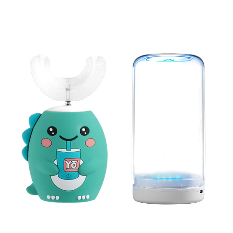 thumbnail image 1 of Cepillo de dientes eléctrico sónico para niños en forma de U, cepillo de dientes de silicona automático de 360 grados, carga USB, luz azul, 1 of 5