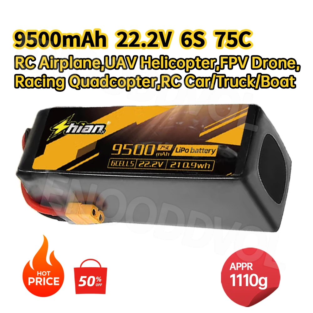 Batterie Lipo 22.2V 9500mAh 6S 75C câblée à un contrôleur de vol de drone, prête à l'emploi.