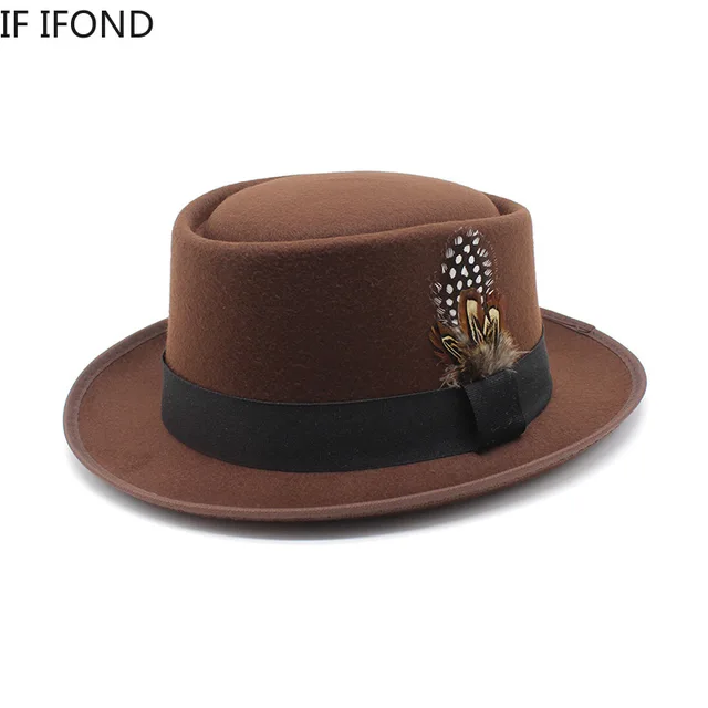 Vintage Curved Brim Felt Fedora Hat For Men Women Autumn Winter Trilby Jazz Hat With Feather Church Pork Pie Hats 2