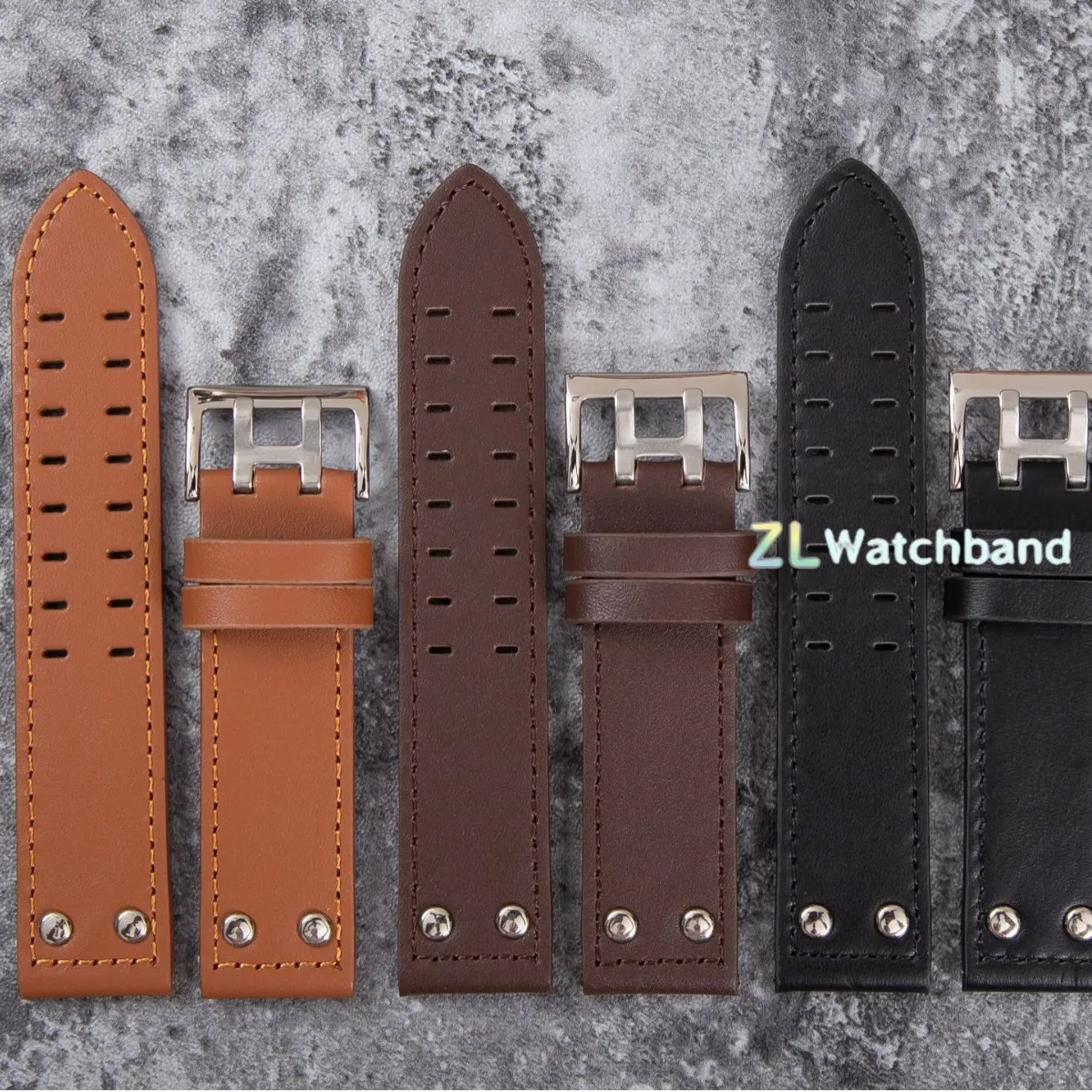 Vintage Genuine Leather Watchband with Rivet Detailing, 20mm/22mm