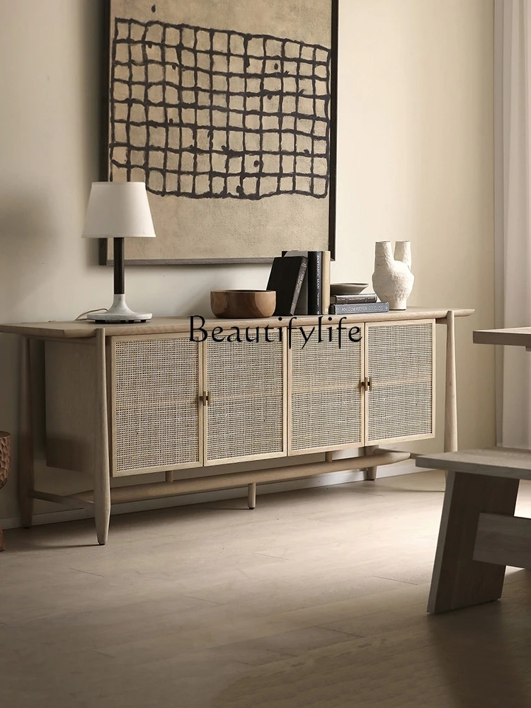

Retro Solid Wood Sideboard Living Room Rattan Storage Cabinet Home Modern Simple Small Apartment