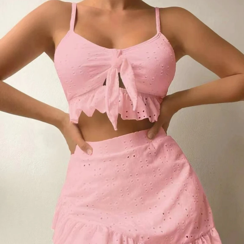 2024 New Summer Women's Three-piece Push-up Swimwear Sexy Lace Swimsuit Bikinis Solid Sling Women Bathing Suit Swimming Clothing