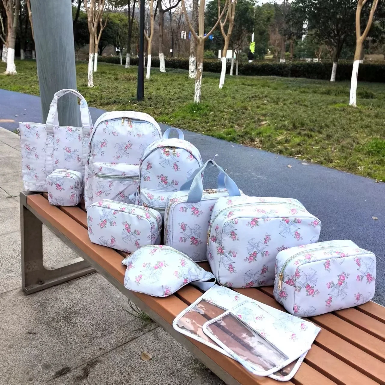 Flowers Bow Printed Nylon Waterproof Travel Make up Pouch Bags Backpack Tote bag Duffle Bag Fanny Pack for Women Girl Ladies 5