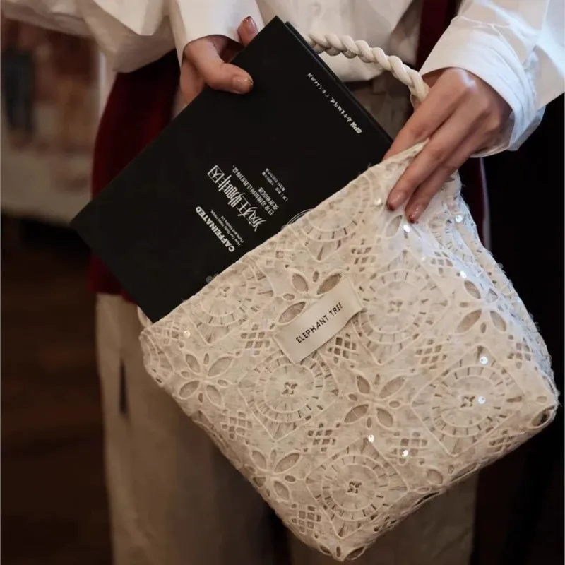 Fashion White Sequined Canvas Bag Women Lace Large Capacity Niche Shoulder Bags Ladies Stylish Versatile Hollow Out Handbag 2025