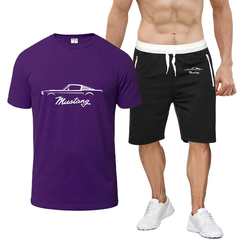 2023 Mustang Car Logo Harajuku Summer Men Print New Eight-Color Summer Short-Sleeved Comfortable Casual T-shirt Solid Color Suit