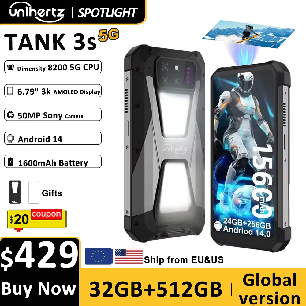 Unihertz tank 3s 8849 powered smartphone with projector 24/32GB