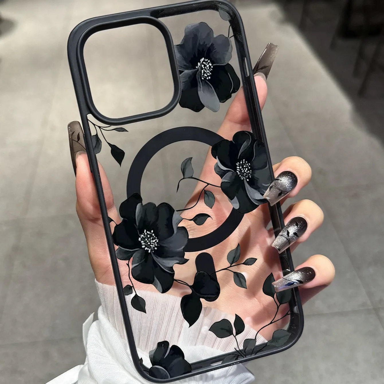 Elegant Black Floral Magnetic Phone Case – Stylish and Protective Smartphone Cover
