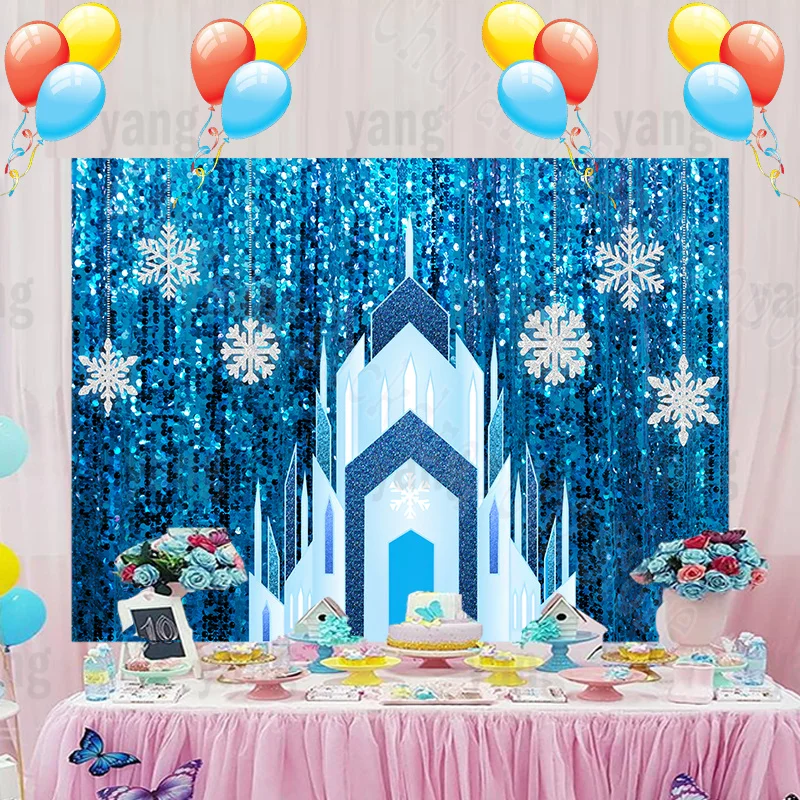 Custom Cartoon Disney Beautiful Frozen Princess Snowflake Ice Forest Magic Castle  Backdrop Happy Birthday party Photo Background AliExpress