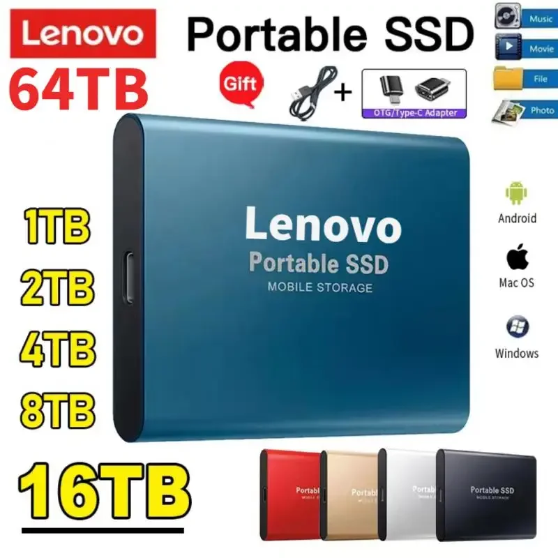 레노버 휴대용 SSD 대용량 USB C 타입 인터페이스, 고속 외장 하드 드라이브, 노트북, 데스크탑, 휴대폰용 하드 디스크, 16TB