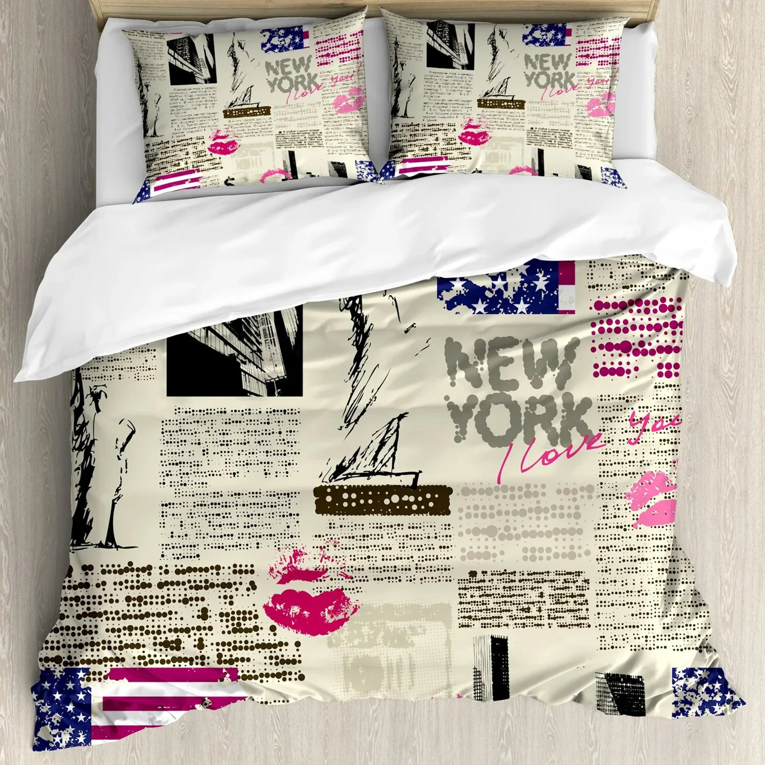 

United States Duvet Cover Set Newspaper New York with Texts Lipstick Vintage Bedding Set Double Queen King Polyester Qulit Cover