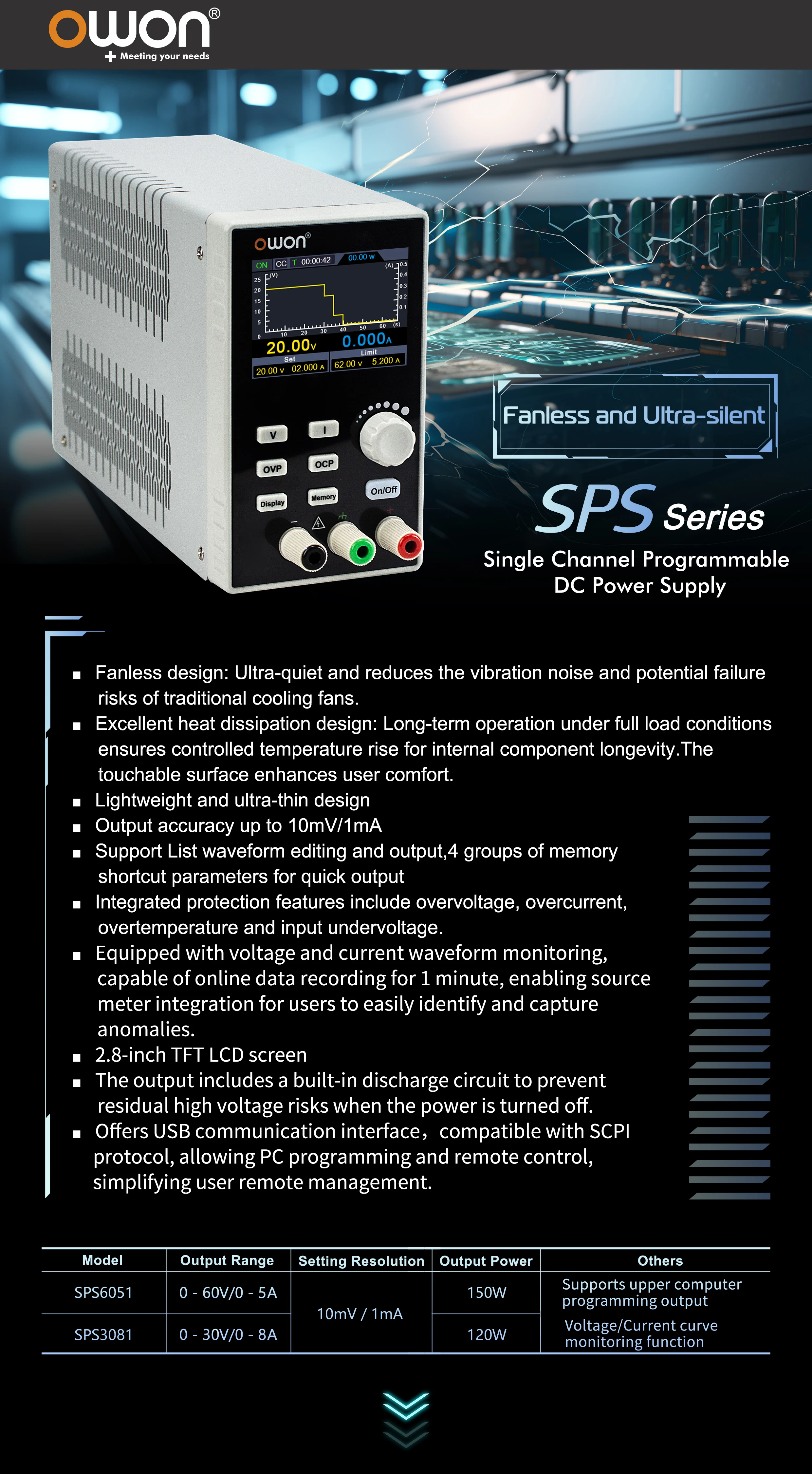 SPS3081 SPS6051 Silent Fanless Series Programmable Linear DC Power Supply Digita