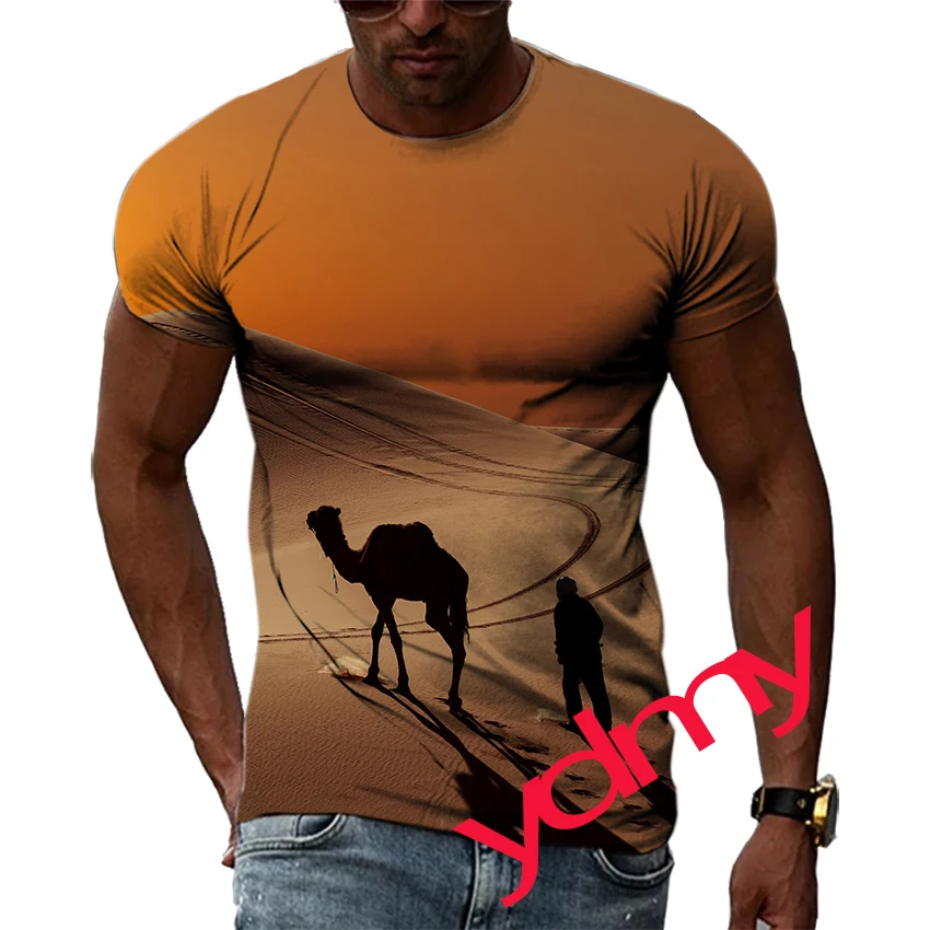 

Быстросохнущая Мужская футболка в стиле хип-хоп, эксклюзивная модная одежда с 3D-принтом пустыни, верблюда, воротником и короткими рукавами, лето