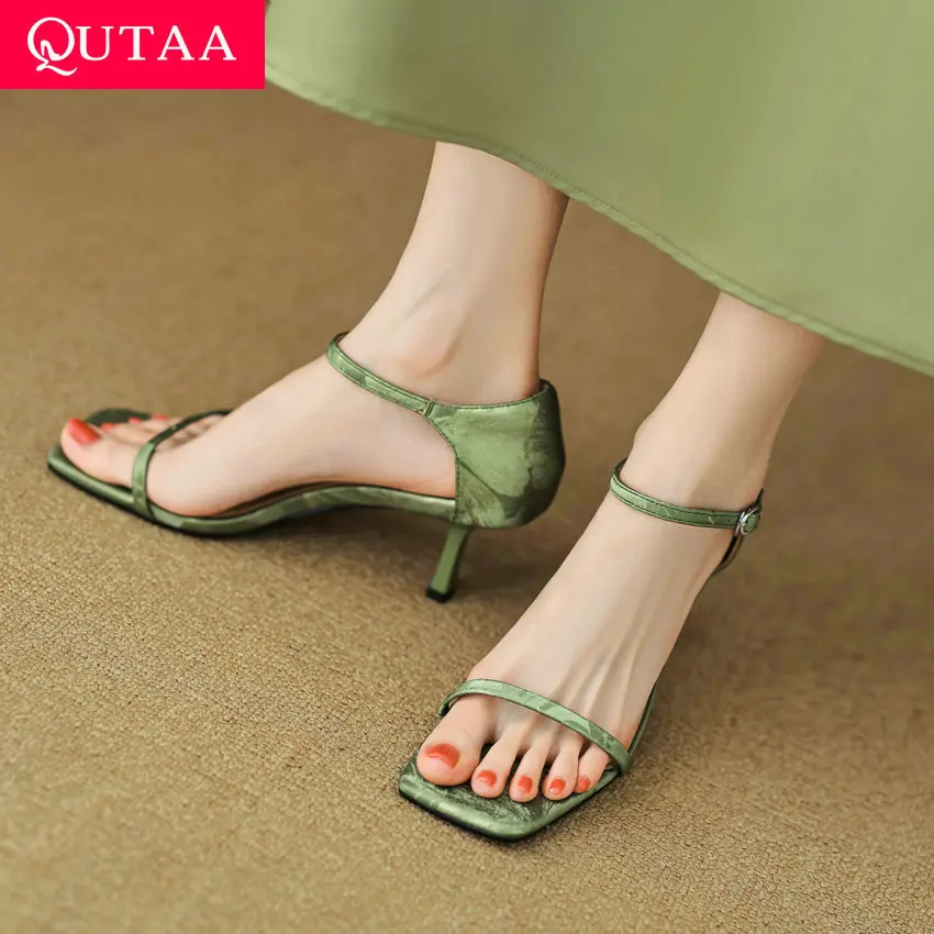 

Женские босоножки из спилка QUTAA, черные босоножки на тонком высоком каблуке, с ремешком на щиколотке, обувь для вечеринки и свадьбы, размеры 34-40, для лета, 2024