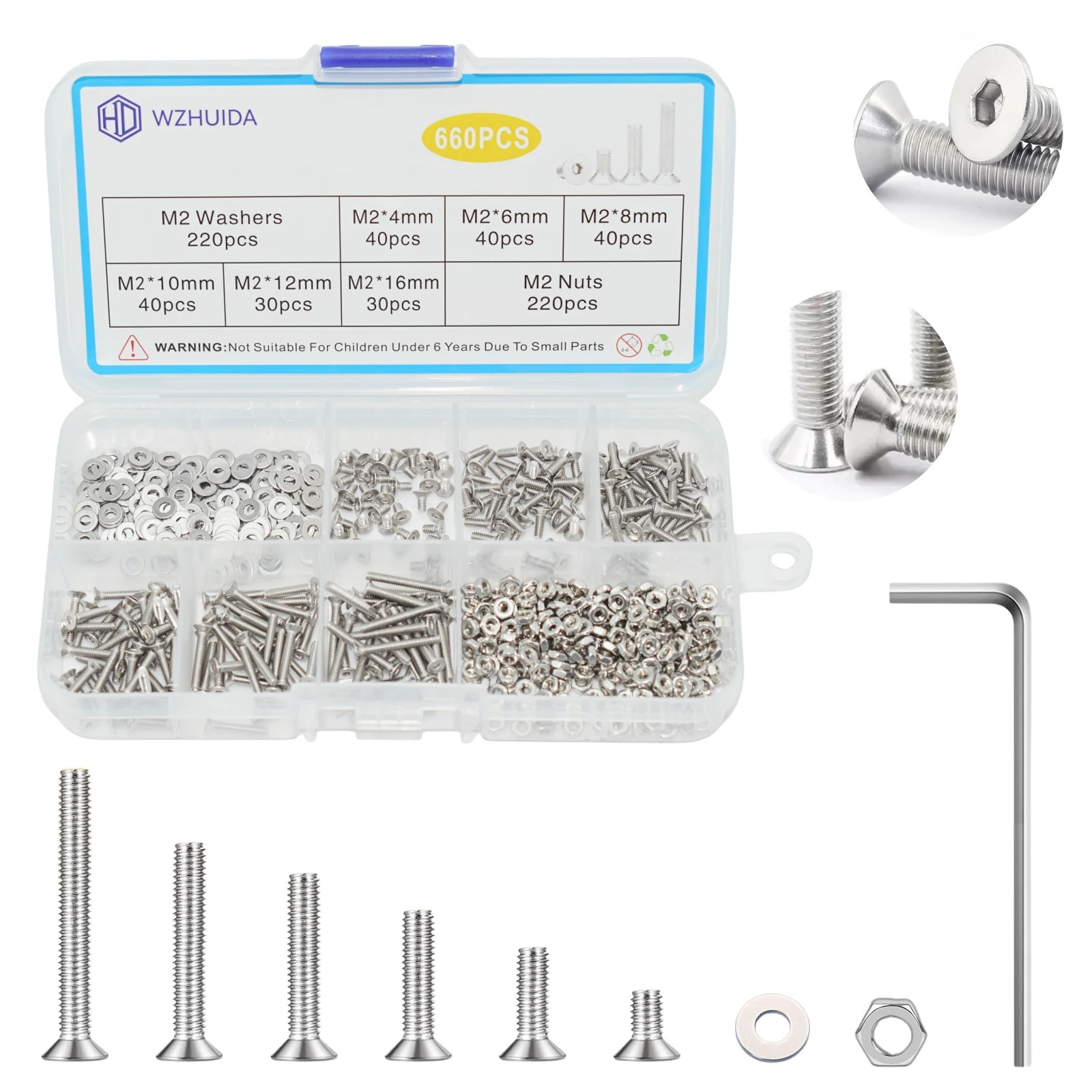 M2 304 Stainless Steel Hex Hexagon Socket Flat Countersunk Head Screw Bolt Nut Washer Set Kit DIN7991 660pcs stainless steel screws screw bolt nut set screw washer nut kit