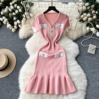 YuooMuoo Brand Fashion Knitted Mermaid Dress 2026 New Elegant V-neck Buttons Ribbed Sweater Dress Lady Bodycon Party Vestidos