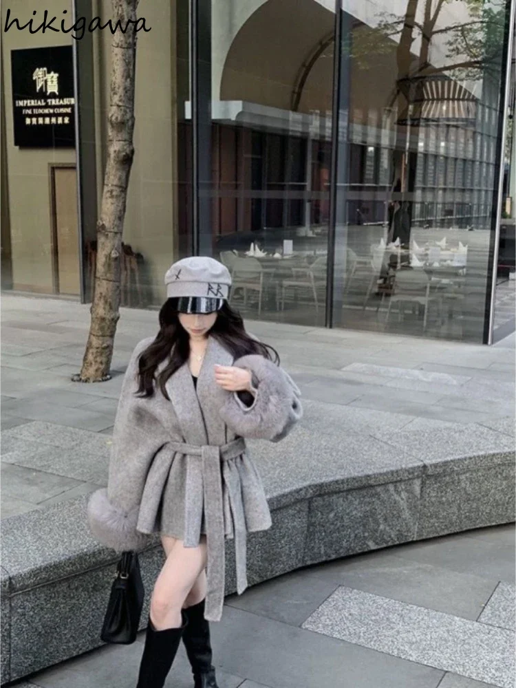 Fashion Coats for Women Patchwork Furry Long Sleeve Bandage Outwear Korean Y2k Clothing Korean Temperament Solid Color Jackets 5