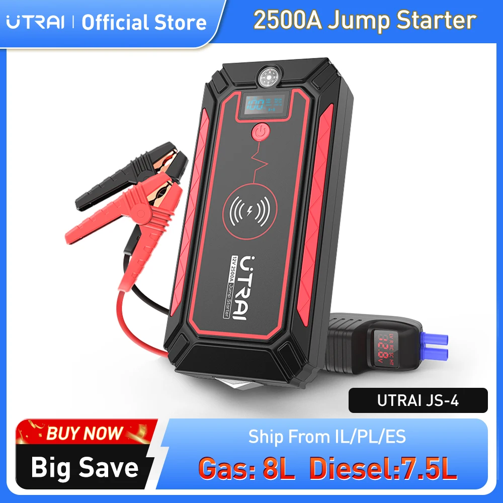 UTRAI Car Jump Starter 2500A Power Bank Car Battery with 10W Wireless Charger LCD Screen Safety Hammer Jump starter