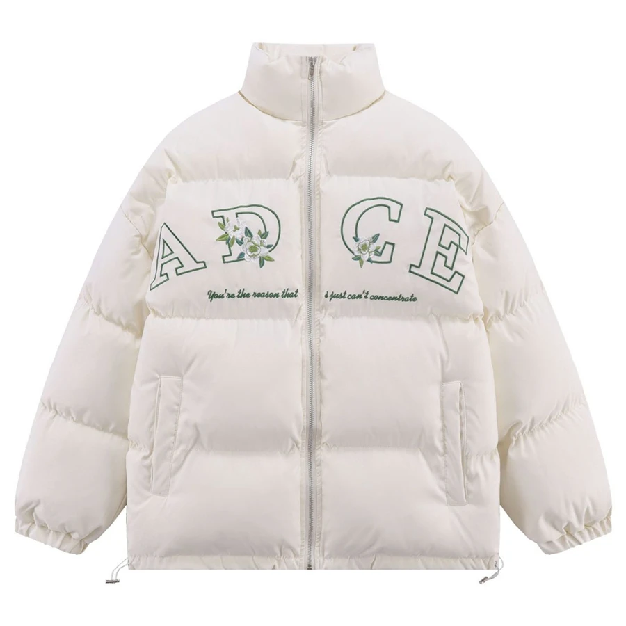 

Vintage European Streetwear Puffer Jacket Hip Hop Cute Flower Letter Printed Parkas Men Women Loose Winter Coat Harajuku Casual