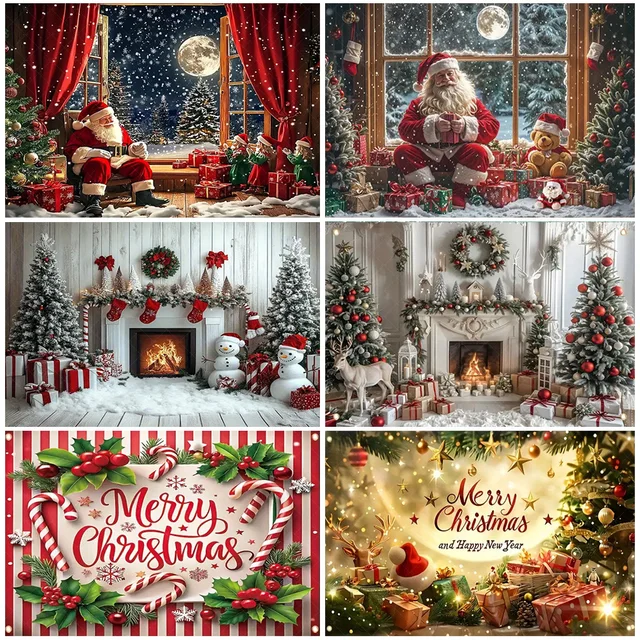 Merry Christmas Backdrop Santa Snowman Xmas Tree Background Family Party Decorations Baby Shower Supplies 2026 Xmas Photo Prop 1