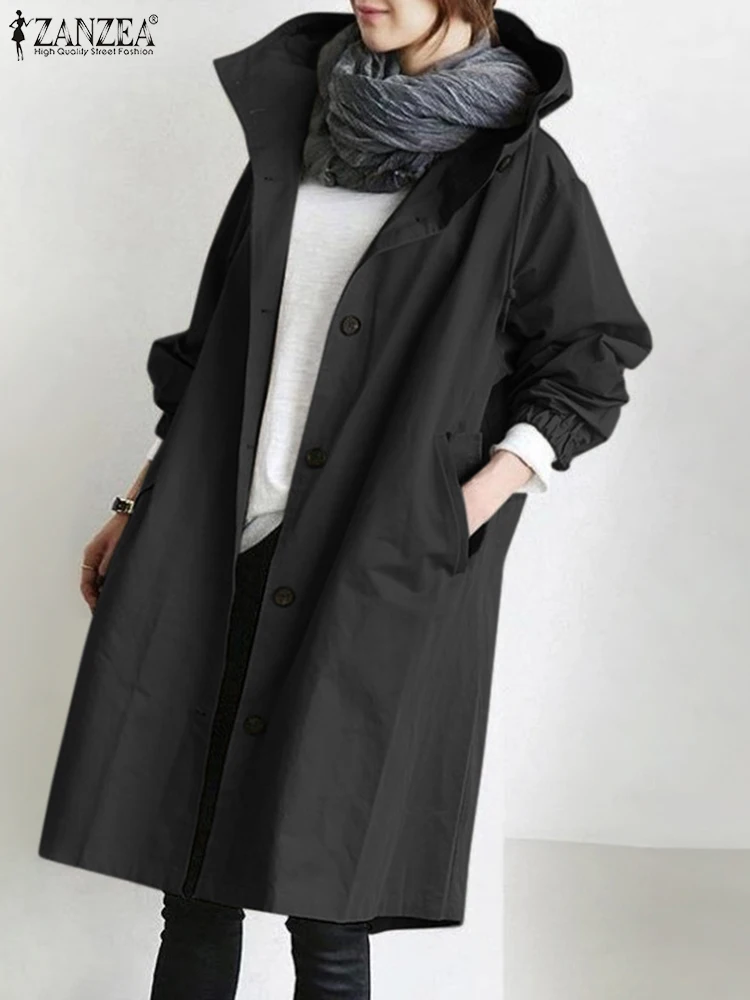 

ZANZEA Autumn Winter Women Hooded Trench Outwear Long Sleeve Buttons Down Coat Fashion Long Jackets Loose Overcoats Windbreaker