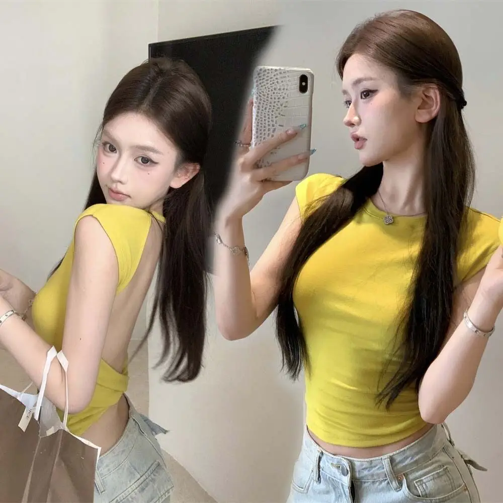 Elegant Hollow out Beauty Back T-shirt Short Sleeve Round Neck Slim Crop Tops Bottoming Shirts Y2k Vest with Pads Summer