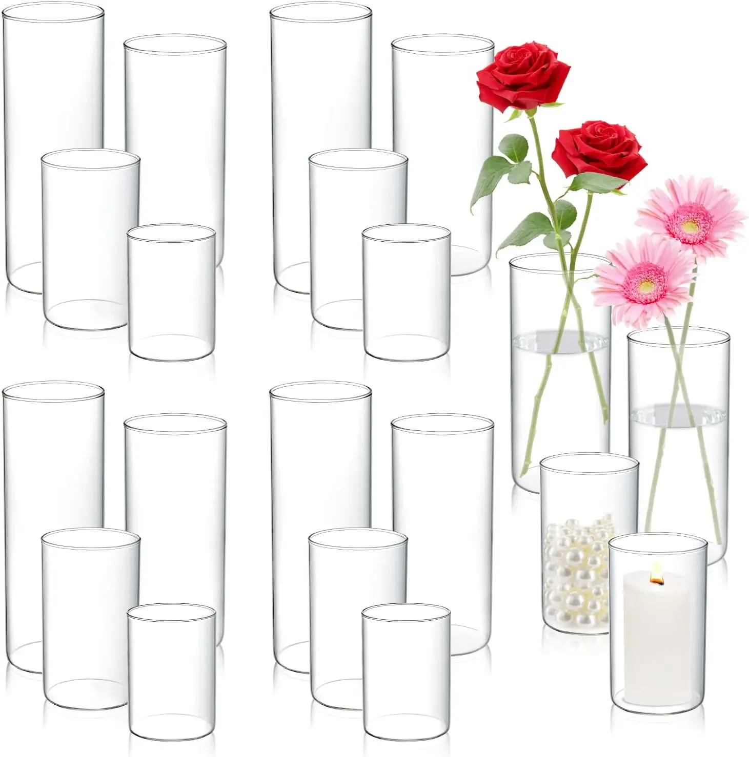 

20pcs Cylinder Vases for Centerpieces-Glass Vases for Flowers with 4 Sizes,Modern Floating Candle Vases Formal Dinners Decor