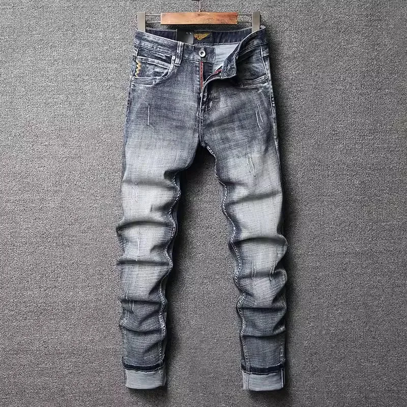Fashion Designer Men Jeans High Quality Retro Blue Gray Stretch Slim Fit Ripped Jeans Men Embroidery Vintage Denim Pants Hombre
