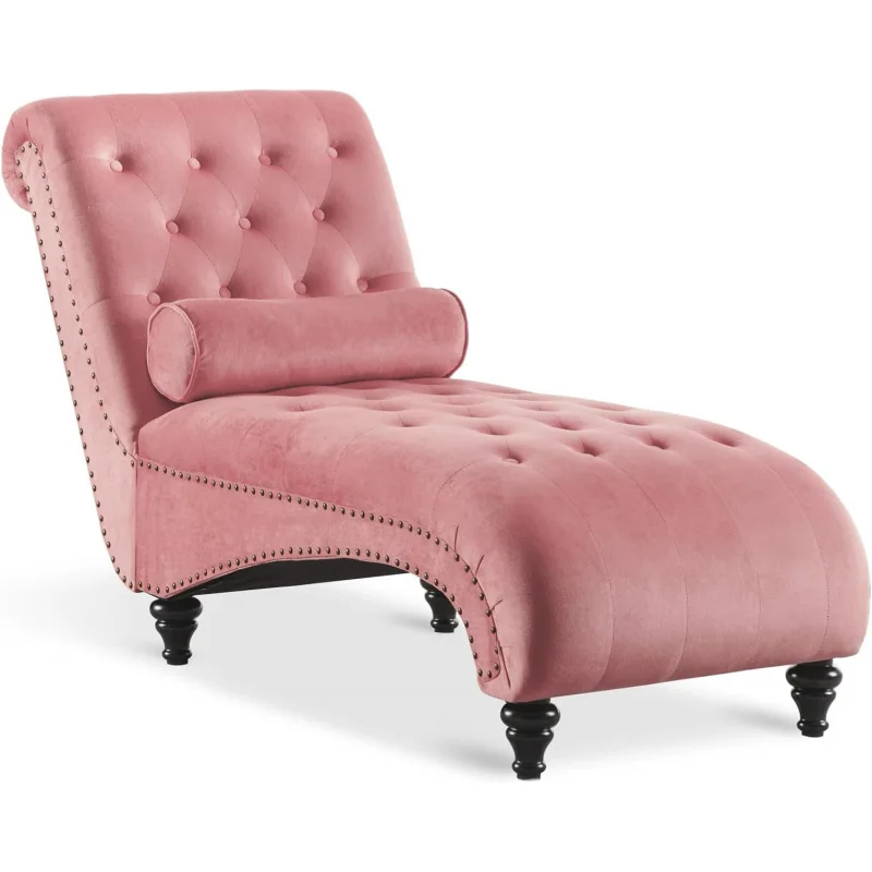 Velvet Button-Tufted Chaise Lounge Chair Leisure Sofa Couch w/Bolster Pillow, Nailhead Trim and Turned Legs for Indoor Living Ro