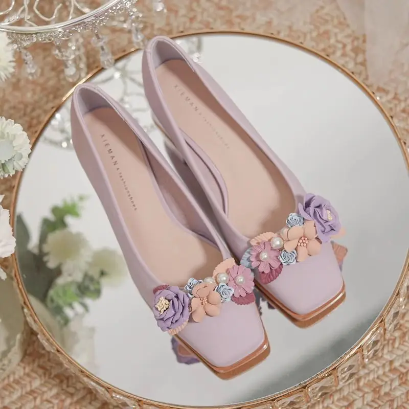 

2024 Spring Summer New Purple Flower Square Toe Thick High Heels for Women Sandals Ladies Pumps Casual Single Shoes