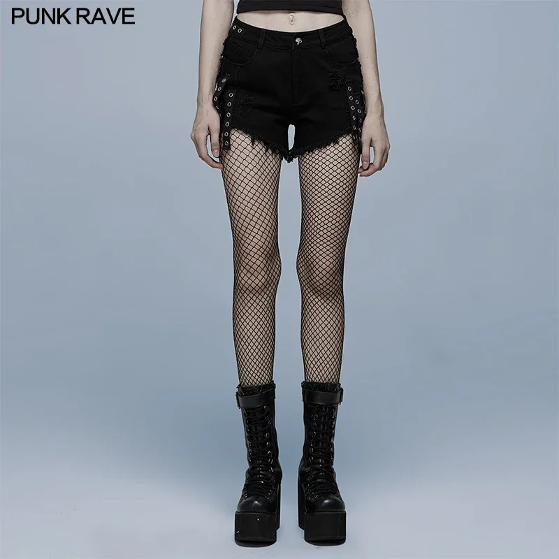 

PUNK RAVE Women's Gothic Contrast Color Ragged Personality Denim Shorts Punk Irregular Webbing Girl Sexy Jeans Summer 2 Colors