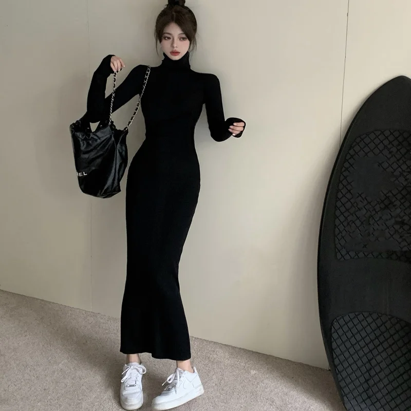

Autumn Winter Long Sleeve Knitted Dress Women Fashion New Sexy Slim Warm Turtlneck Black Long Sweater Dresses