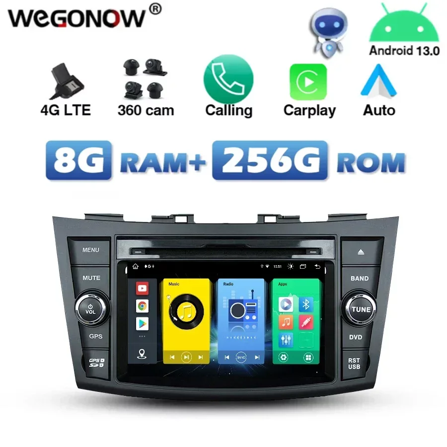 

4G SIM Carplay Auto Android 13.0 8G+256G Car DVD Player IPS DSP GPS map RDS Radio wifi Bluetooth 5.0 For SUZUKI Swift 2011 2012
