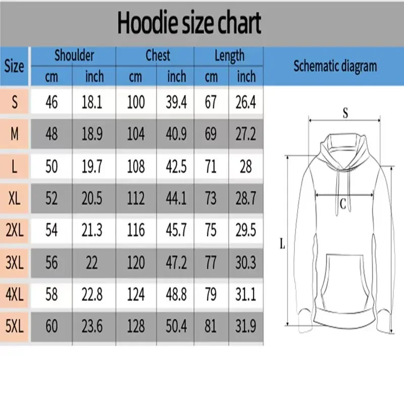 Size chart of the Heavy Weight Men's Hoodies sold by 100 Spartans