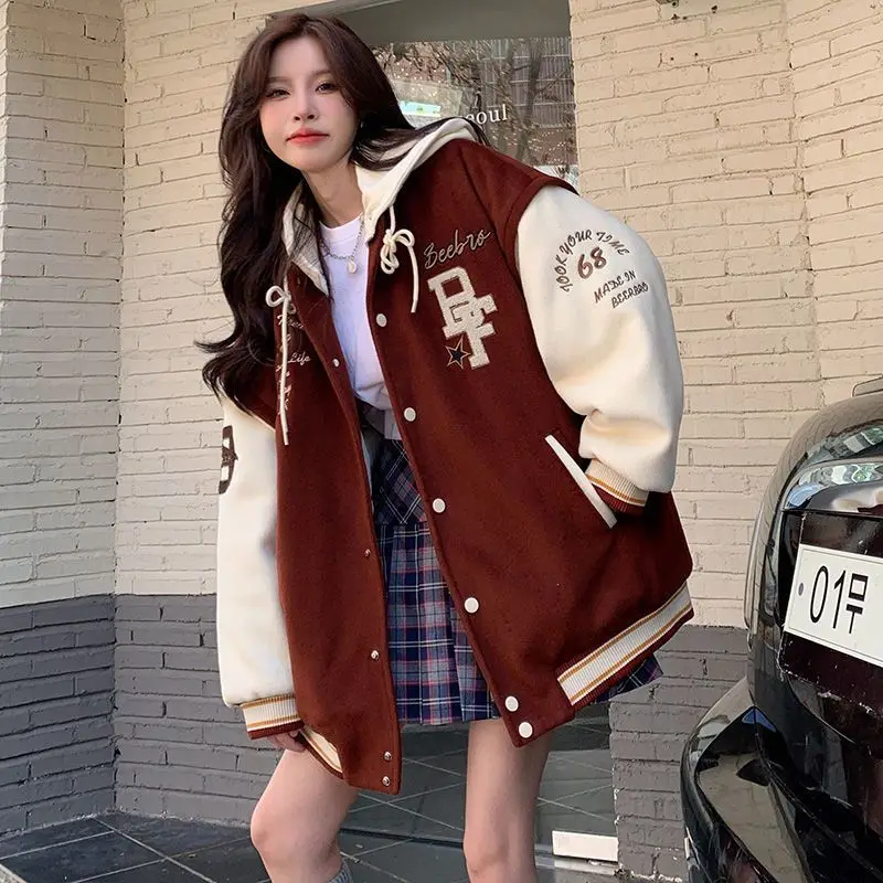 

COZOK/ Embroidered Hooded Bomber Jacket Women 2023 Spring Autumn Student Couple American Retro Casual Hooded Jacket Top