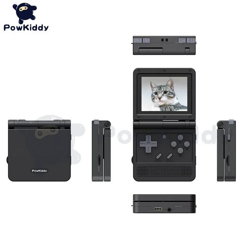 Powkiddy V90 Black Retro Video Game Console 3-inch High-definition IPS Screen Flip Built-in 15000 Games 64GB PS1 Game