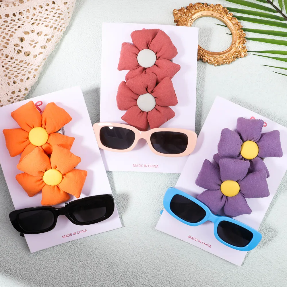 3Pcs/Set Girl Solid Color Flower Hair Clip Baby Square Summer Sunglasses Personality Fashion Headwear Kids Hair Accessories Gift