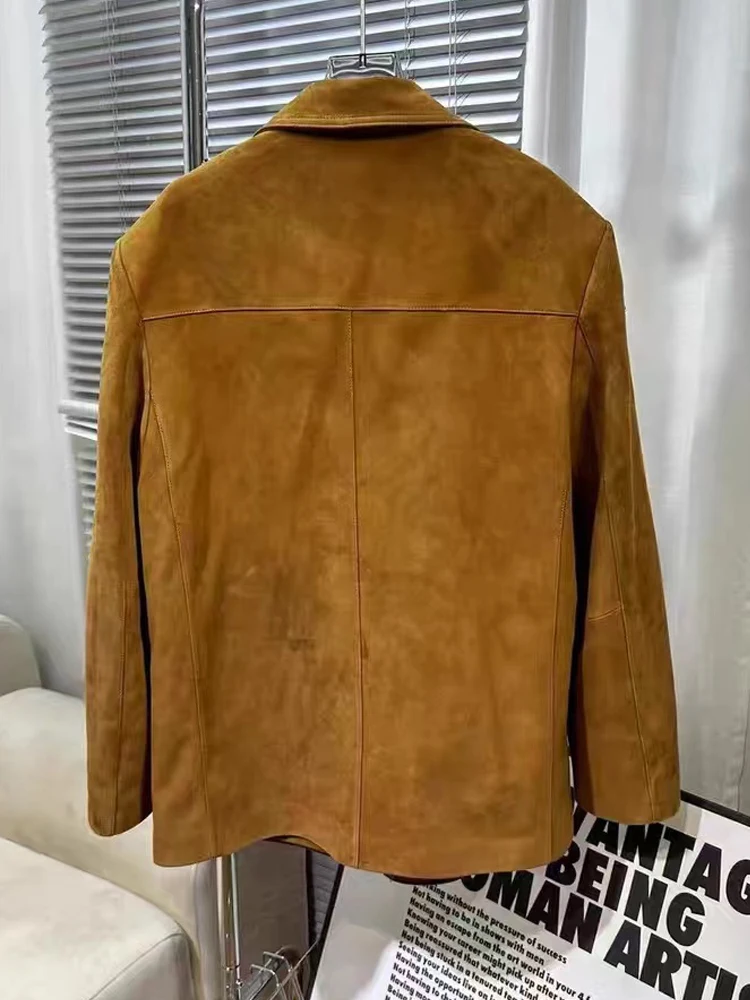 Vintage Brown Kid Suede Jacket for Women 2023 New High Sense Loose Oversized Leather Suit Blazer Female Casual Coat Streetwear 4
