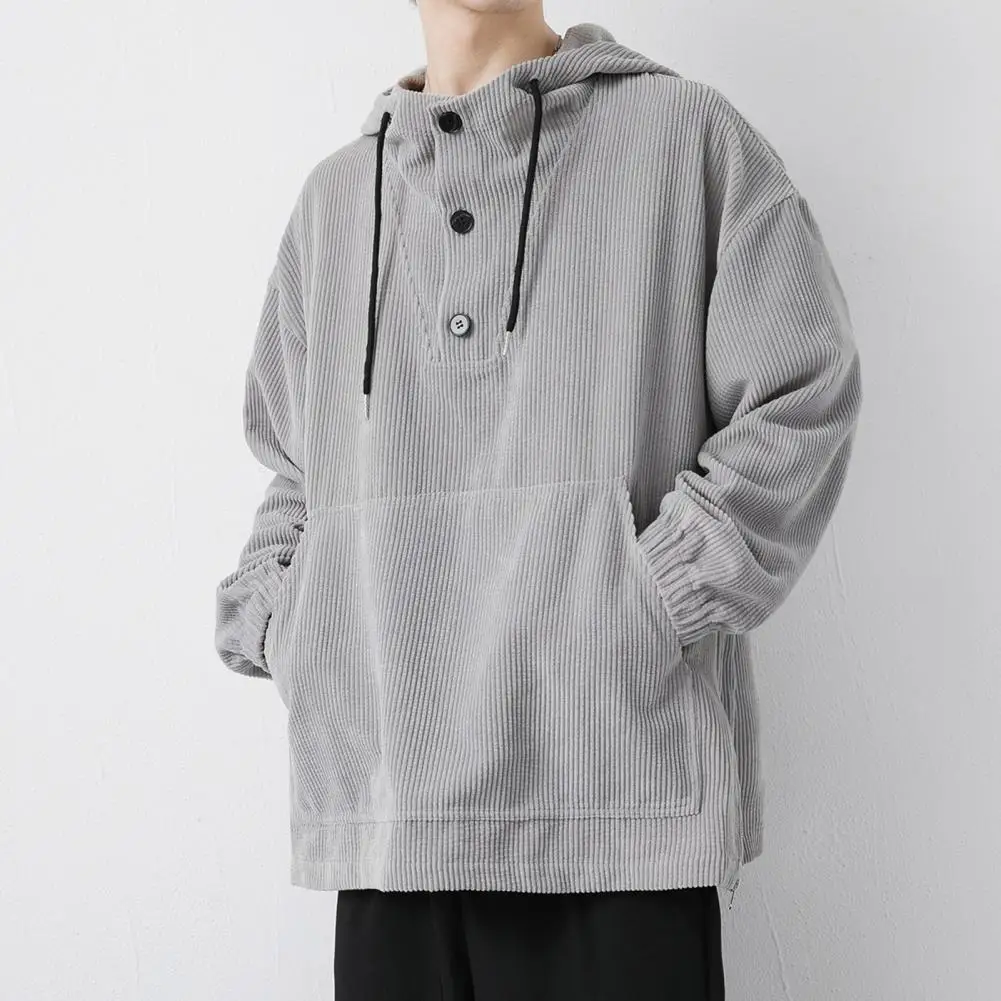 

Hooded Button-up Top Men's Loose Fit Hoodie With Drawstring Patch Pocket Button Decor Simple Style Pullover For Wear Fall Spring