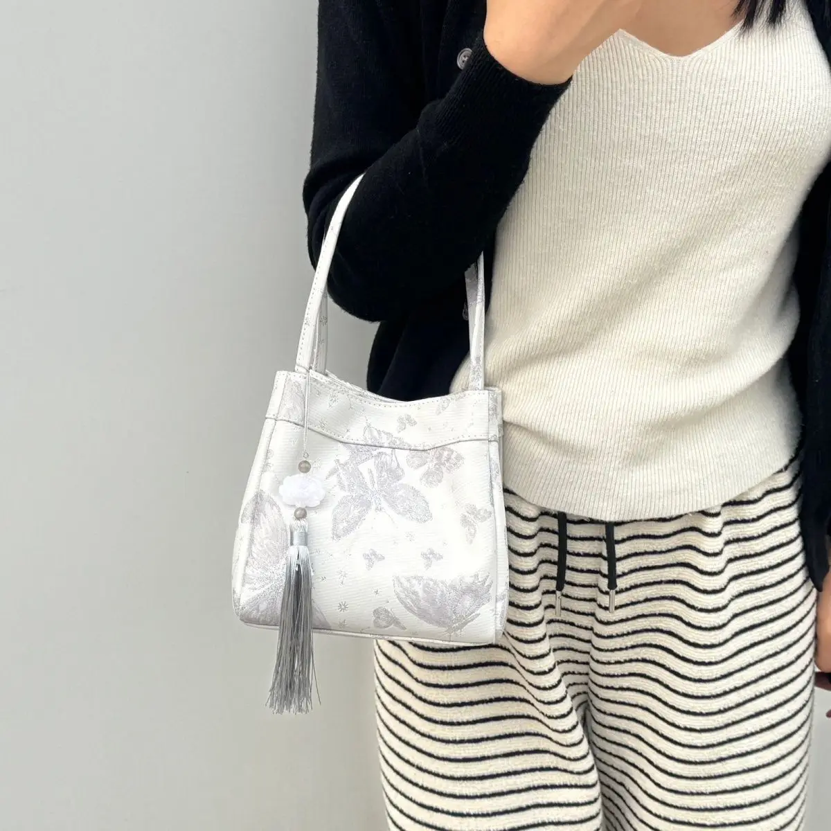 JIAERDI Chinese Style Silver Bucket Bag Women Sweet Cool Butterfly Embroidery Purse Hand Bag Ladies Harajuku Handbag Aesthetic
