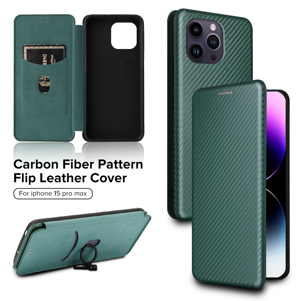 

For Iphone 15 ProMax Case Carbon Fiber Leather Wallet Cover Iphone15 Pro Max Aifon ifon 15 Plus With Rope Matel Ring Stand Coque