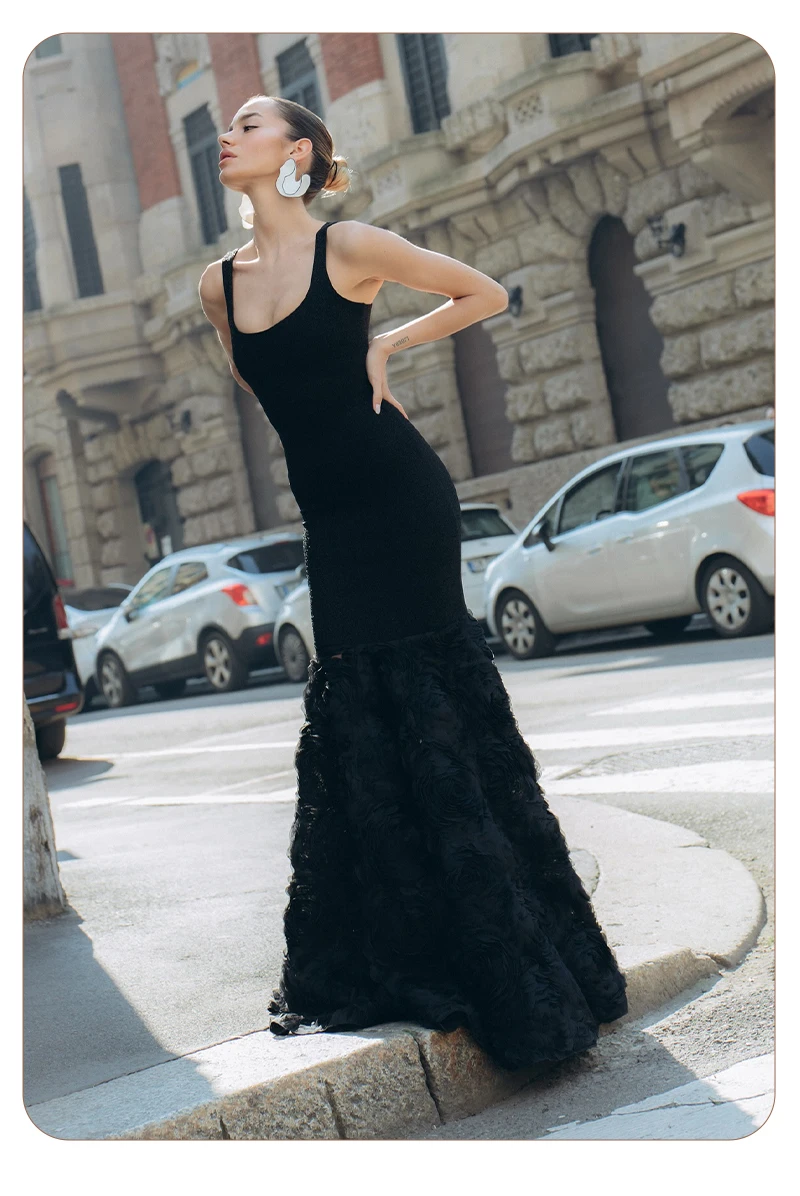 PB Elegantes schwarzes Pailletten-Meerjungfrau-Abendkleid – luxuriöses, ärmelloses Blumen-Formalkleid für Damen, langes Maxi-Abschlussball- und Party-Outfit – Detail 11