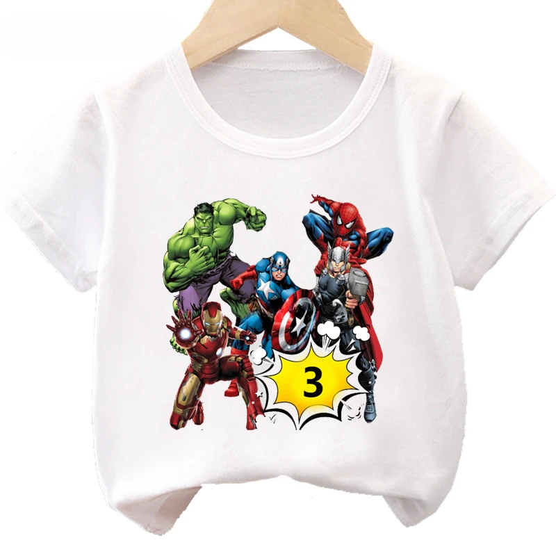 Summer 2 3 4 5 6 7 8 Birthday Marvel SuperHero Short Sleeved Child Cotton T-shirt The Avengers Party Kids Clothes Baby Tees Tops 6
