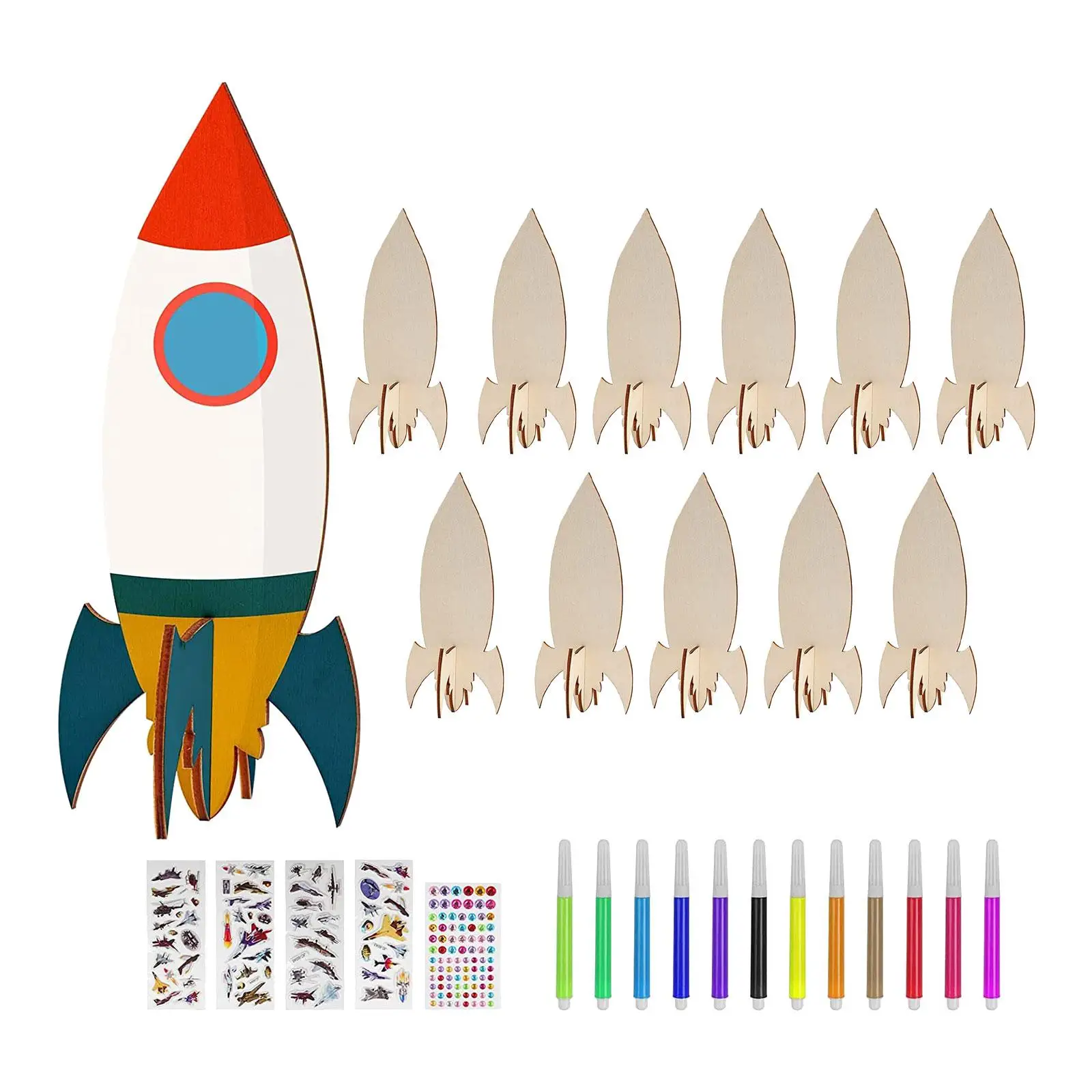 12Pcs Unfinished Wooden Cutouts Ornaments Home Decoration Embellishments Rockets