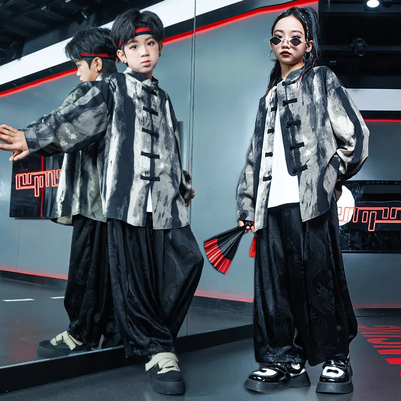 

Kid Hip Hop Clothing Tai Chi Tie Dye Frog Button Shirt Black Casual Print Pleated Wide Pants for Girl Boy Dance Costume Clothes