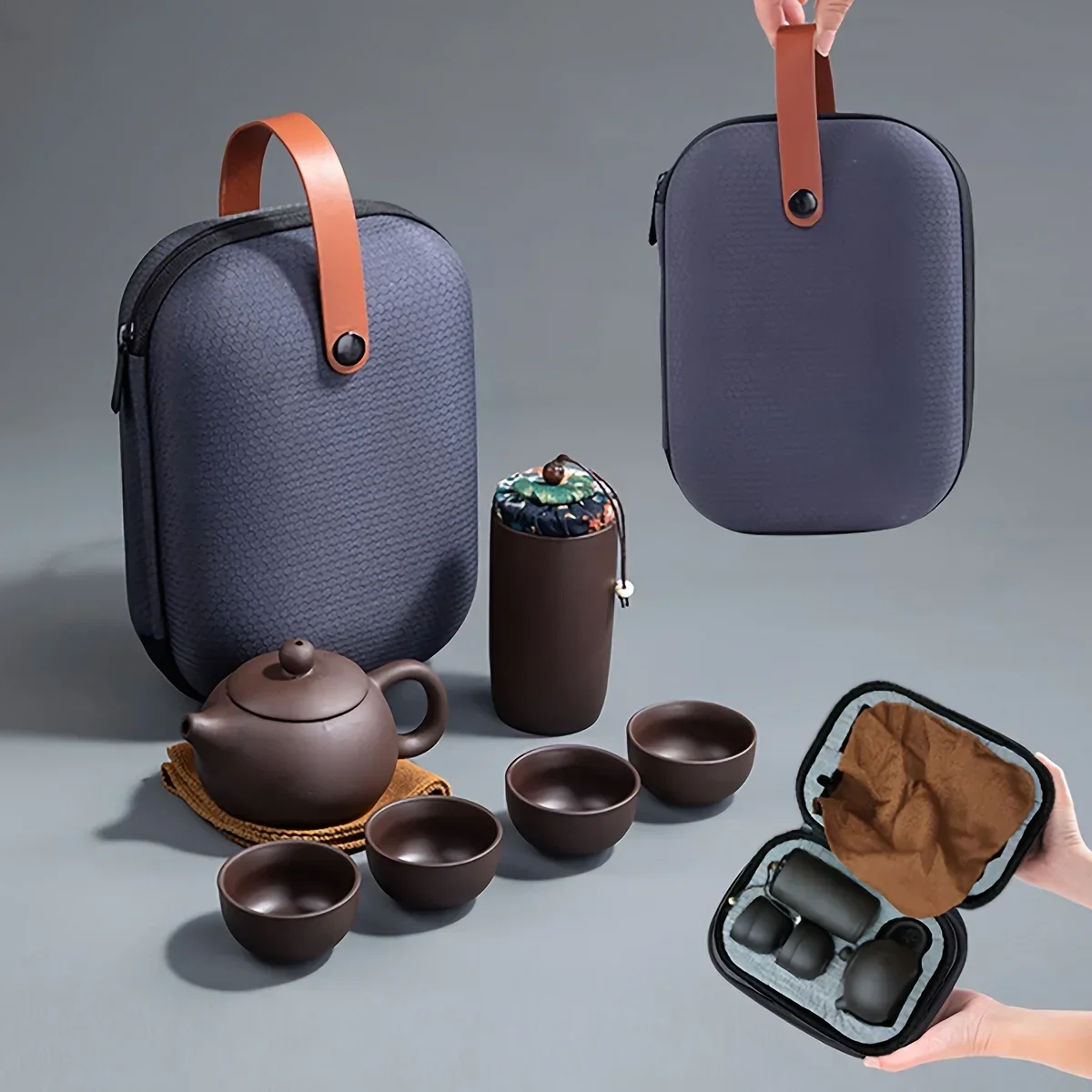 1Set-Travel Tea Set Portable Kung Fu Tea Set Ceramic Teapot Tea Canister Tea Cup Outdoor Quick Cup Tea Canister Leather Bag