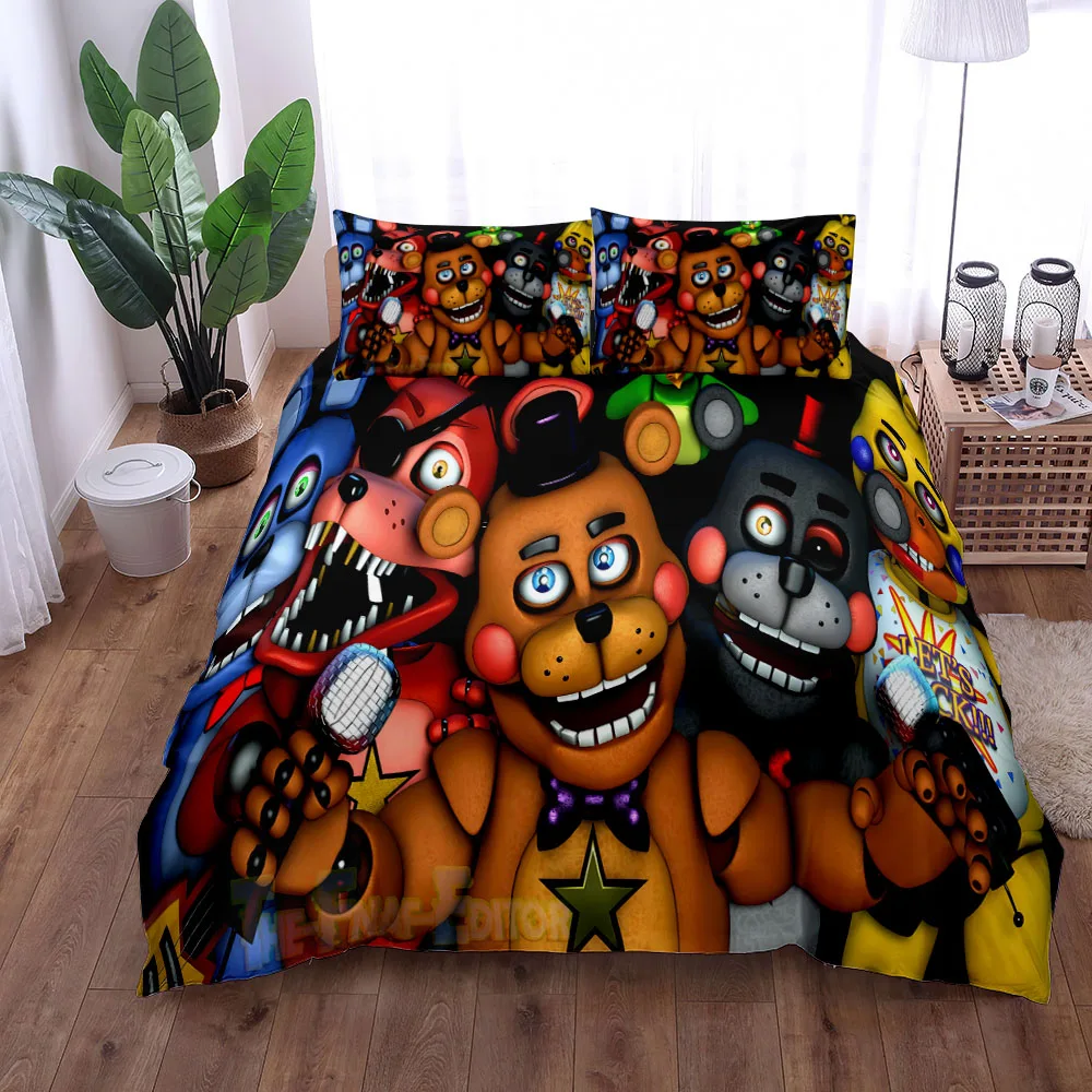 FNaF 기념일 어린이 이불 커버 세트, 시트 미포함, 킹 퀸 더블 풀 트윈 싱글 사이즈 침대 린넨 세트
