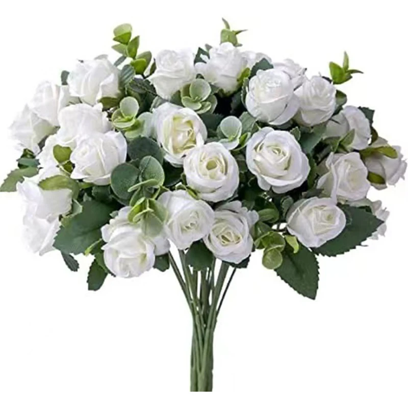 

50pcs 10 Heads Artificial Flowers Silk Rose White Eucalyptus Leaf Peony Bouquet Wedding Table Decor Home Fake Flowers Wholesale